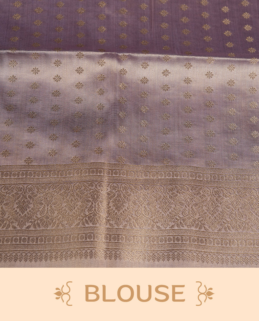 Lavender & Gold double shade colour tissue banaras silk saree featuring antique gold zari motifs on the body with rich traditional zari border and pallu, paired with a matching blouse piece.