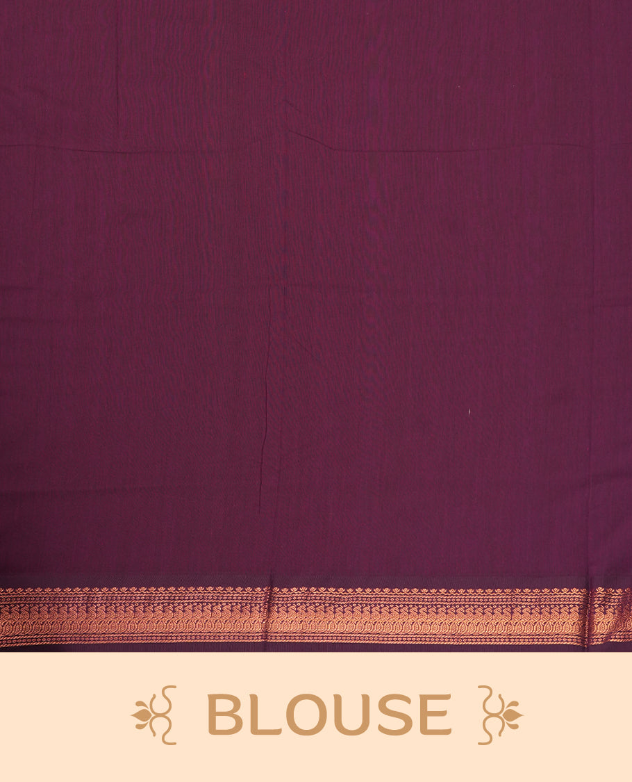 Pink colour Kalyani cotton saree with subtle zari motifs all over, paired with a contrasting plum wine colour rich copper zari woven border and pallu & Comes with a matching blouse piece.