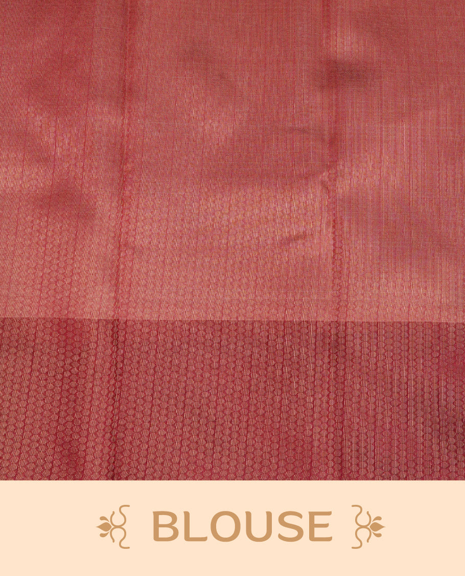 Cream Colour Semi Soft Silk Saree Featuring Gold zari Check With motifs Pattern On Body, Highlighted by contrast Maroon border with Gold zari, paired with matching blouse piece.