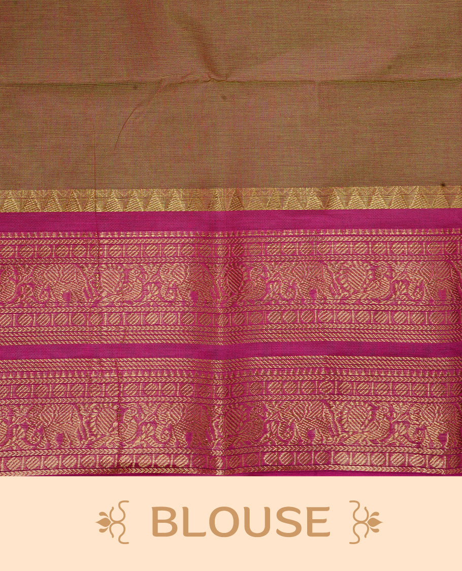 Olive Colour Chettinad cotton saree featuring elegant plain body , complemented by contrast Magenta colour with traditional border, comes with matching blouse piece.