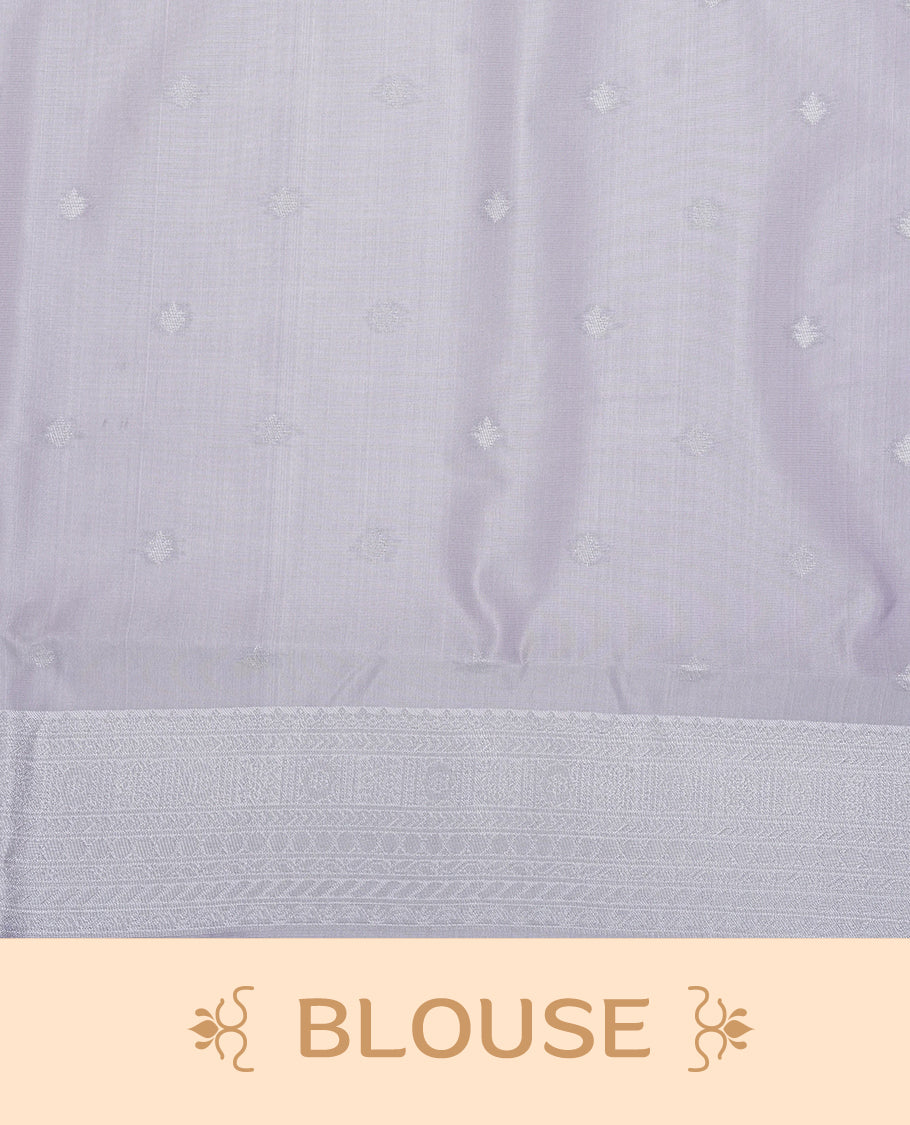 Sky blue colour semi silk saree featuring Silver zari Floral pattern on body, complemented by contrast Lavender colour with silver zari border, comes with matching blouse piece.