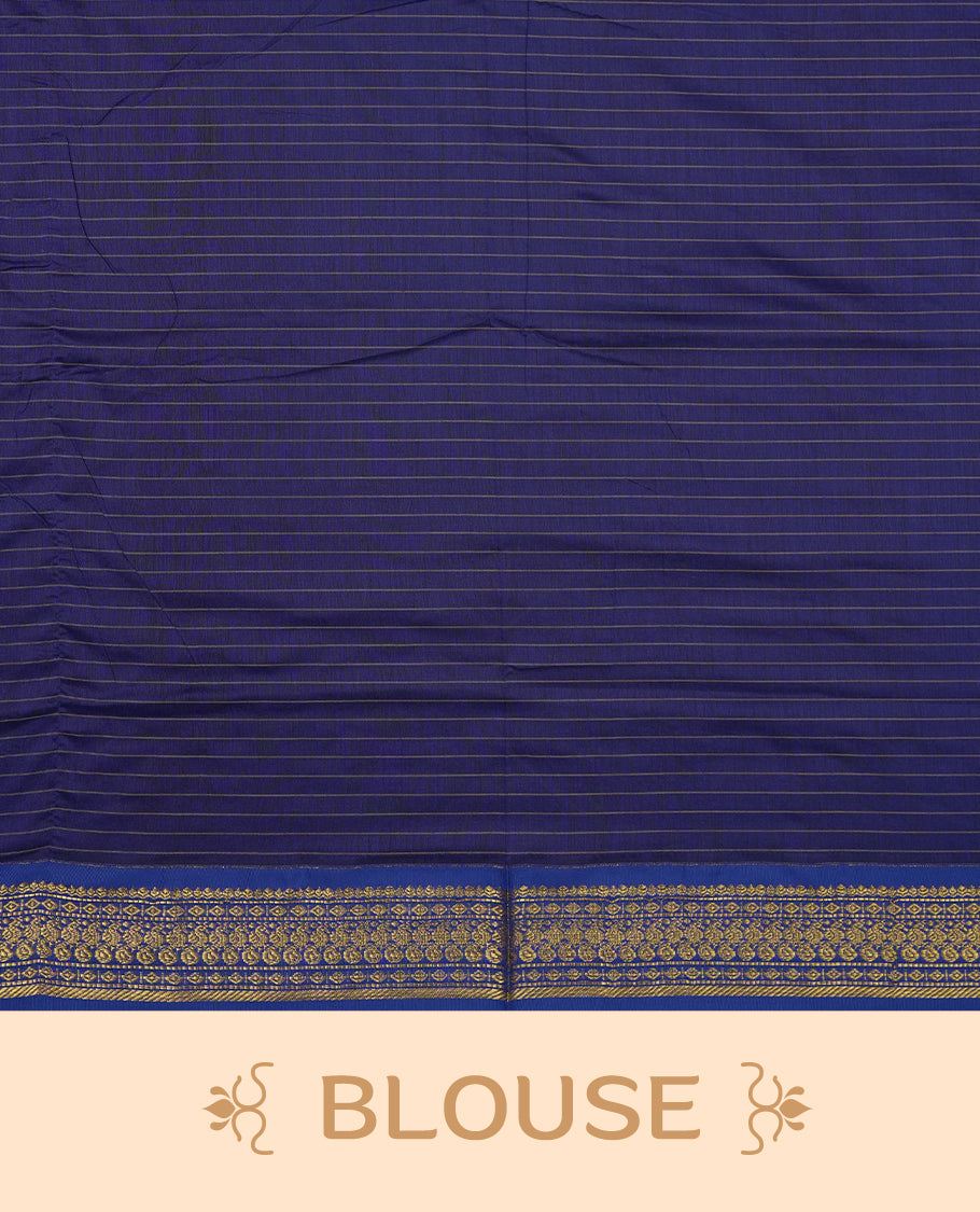 Lime Green coloured mixed Kalyani cotton saree featuring golden zari checks on the body, complemented by a royal blue coloured border and pallu adorned with golden zari patterns, Paired with a matching blouse.