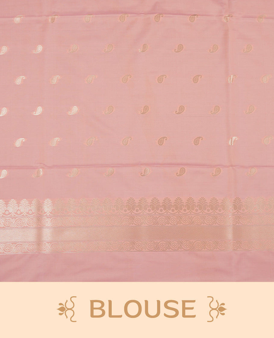 Peach colour semi soft silk saree featuring an all-over woven leaf pattern, finished with a matching pastel peach border adorned with detailed paisley and floral motifs, and a matching blouse piece.