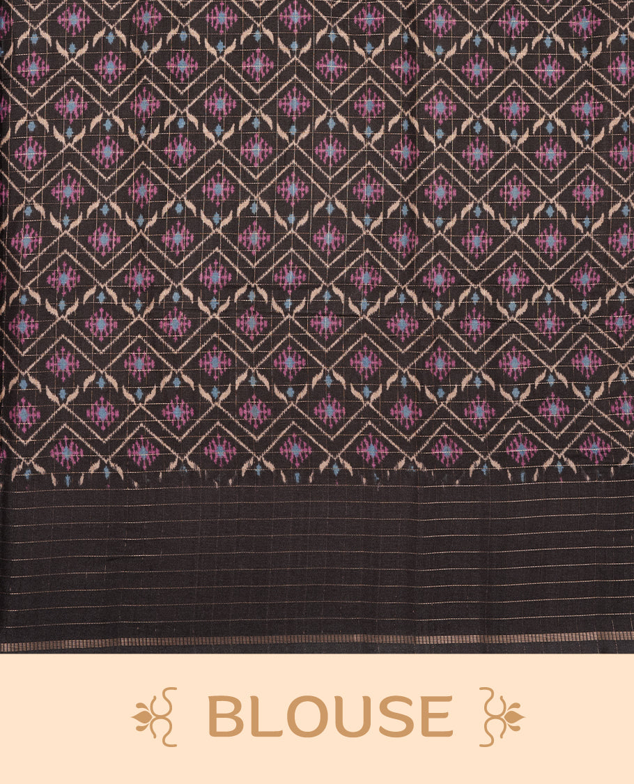 Beige colour semi tussar saree highlighting elegant plain body, contrast black colour border with gold zari box pattern, pallu and comes with matching blouse piece.