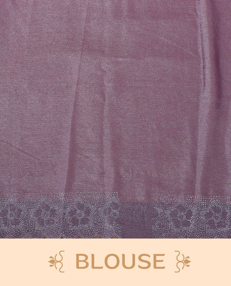 Lavender colour shimmer designer saree, featuring white scattered stone on body, stone work and heavy stone floral pattern on border and pallu, Paired with matching blouse.