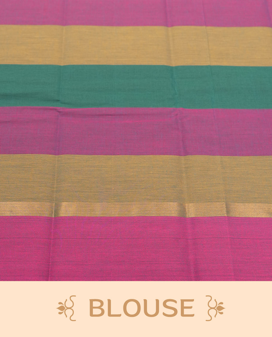 Multi-Colour Checkered Silk Cotton Saree with Golden Zari Butta Body, Contrast Golden Zari Pallu & Border, Floral and Peacock Motifs, and Matching Striped Blouse Piece