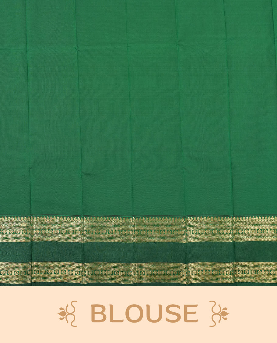 Red colour Semi Silk Saree with gold zari patterns on the body, paired with a contrasting green traditional pallu and border, and a matching blouse piece.