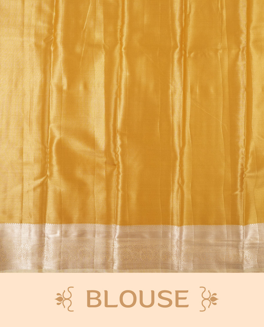 Golden colour and silver Zari Tissue Brocade Saree features intricate Motifs on body and rose gold colour traditional border & pallu, paired with matching blouse