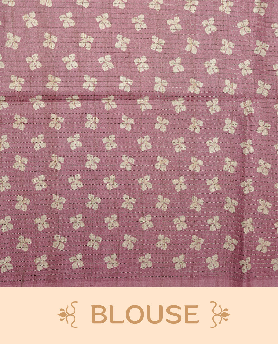 Pink colour semi tussar silk saree, featuring subtle hexagonal geometric patterns across the body, a textured pallu with fine detailing, and finished with a matching blouse.