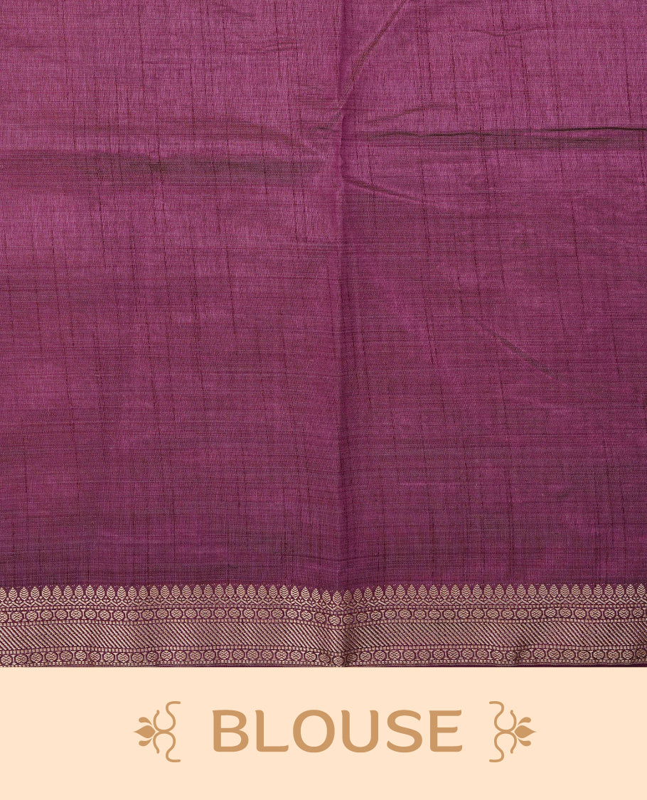 Light gold Colour Tussar saree featuring elegant plain body, complemented by contrast Purple colour with zari work border, comes with matching blouse piece.
