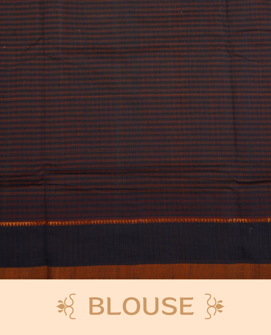 Light Brown Colour Mangalagiri cotton saree featuring elegant Blue Checks Across The Body , a Two Inch Gold zari border & Gold Zari Pallu, Paired With a matching blouse piece.