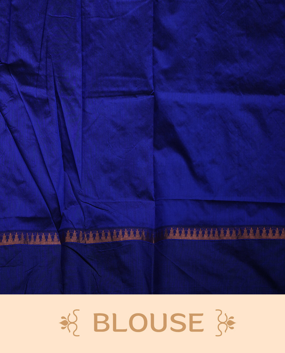 Mustard colour mixed Kalyani cotton saree with subtle zari motifs, royal blue zari border and elephant motif pallu, paired with a matching blouse.