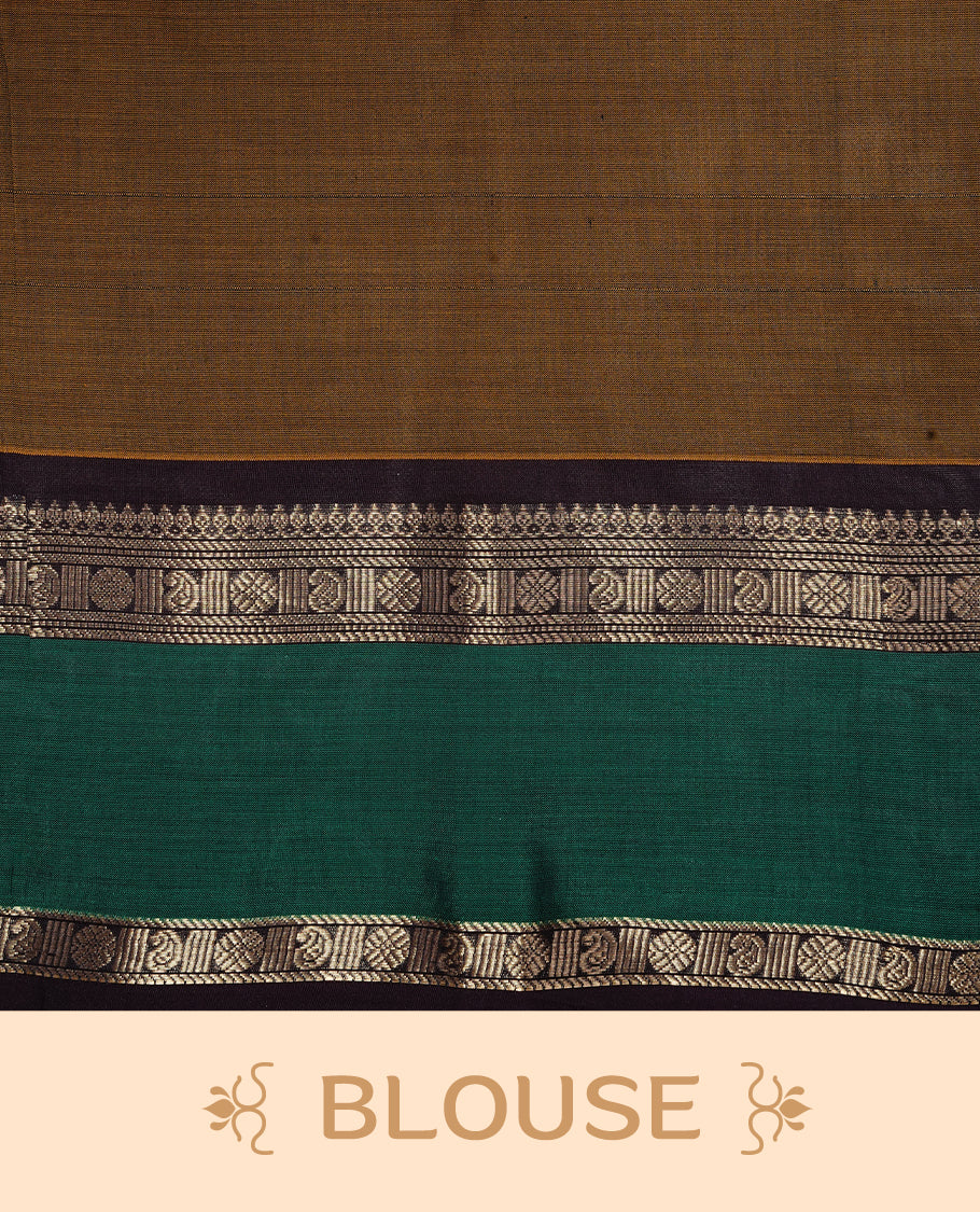 Olive colour Chettinad Silk cotton saree featuring Elegant body, complemented by Contrast Green & Chocolate colour with Gold zari border, paired with matching blouse piece.