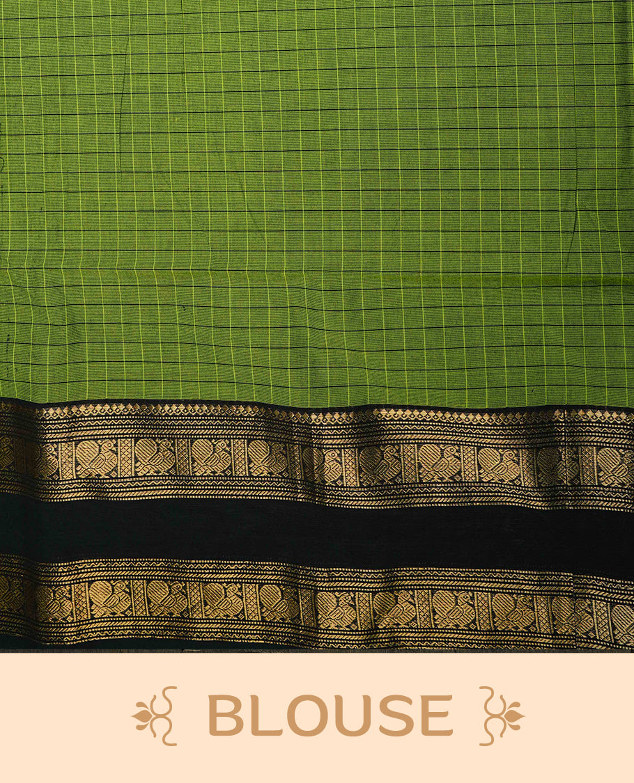 Green colour chettinad cotton saree featurign black Check pattern with Motifs on body, complemented by contrast Black With gold zari border, paired with matching blouse piece.