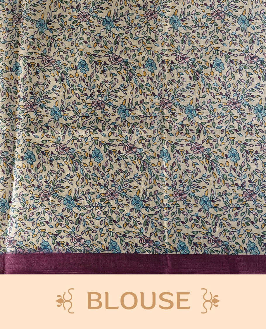 Dark grape colour saree adorned with intricate beige bandhani patterns and a contrasting pallu featuring exquisite beige floral motifs, perfectly paired with a matching blouse for a regal look.