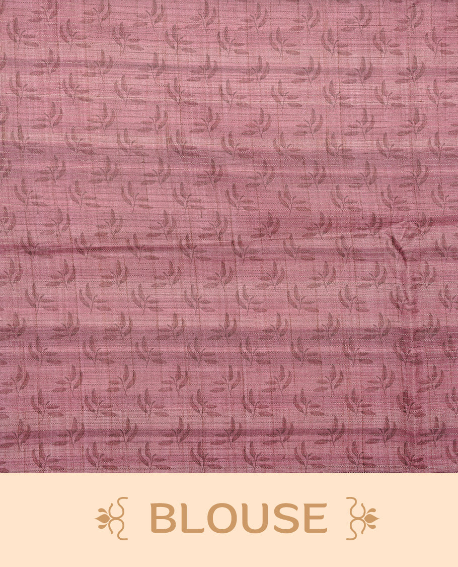Pink colour semi tussar silk saree featuring floral print across body, contrast pink colour border and pallu, paired with matching blouse piece.