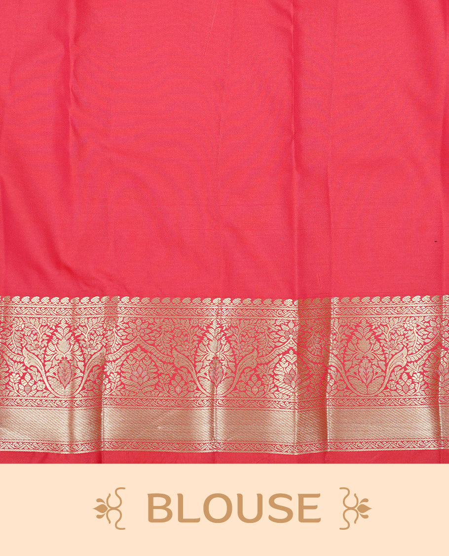 Pink Red colour semi wedding silk saree featuring Gold zari pattern on body, complemented Silver Elephant motifs & gold zari border, paired with matching blouse piece.