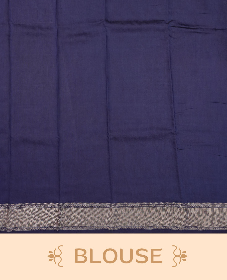 Dark blue colour Viscos semi printed saree featuring a light golden zari border, abstract Off white printed motifs on the body, and comes with a matching blouse