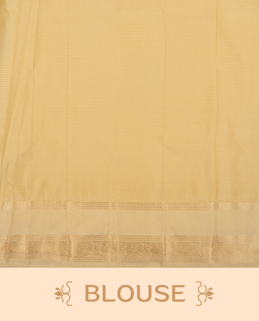 Dark green colour Semi Silk Saree with gold zari striped patterns on the body, paired with a contrasting cream colour traditional pallu and border, and a matching blouse piece.