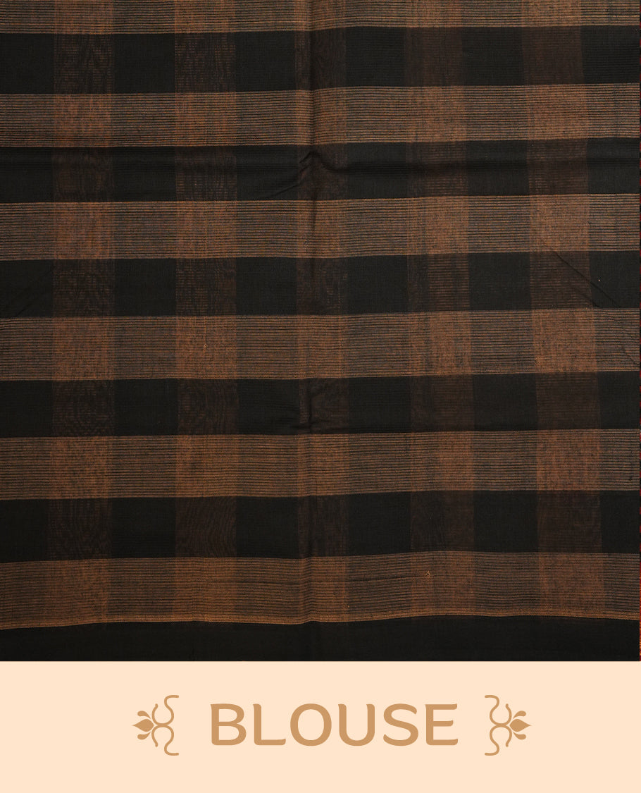 Black & Light Brown Colour Mangalagiri cotton saree Featuring Large Check Pattern On Body , WithOut border & Contrast Striped Pallu. Paired with a matching blouse piece