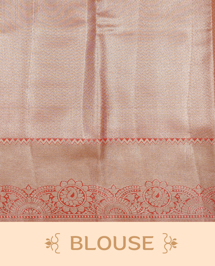 Light orange colour Tissue saree Featuring orange, Gold, silver zari Scales design on body, complemented by traditional border on self colour, paired with matching blouse piece.