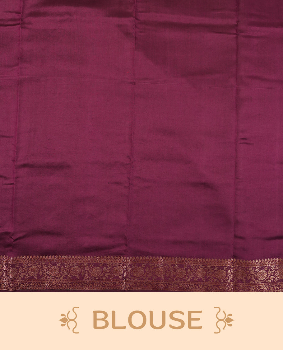 Pastel Pink Colour Banaras Soft Silk Saree with Gold Zari Textured Oval Buttas, Simple Decorative Pallu Border, Grand Pallu with Ornate Floral and Foliate Motifs in Deep Maroon and Gold Tones, and Matching Deep Maroon Blouse.