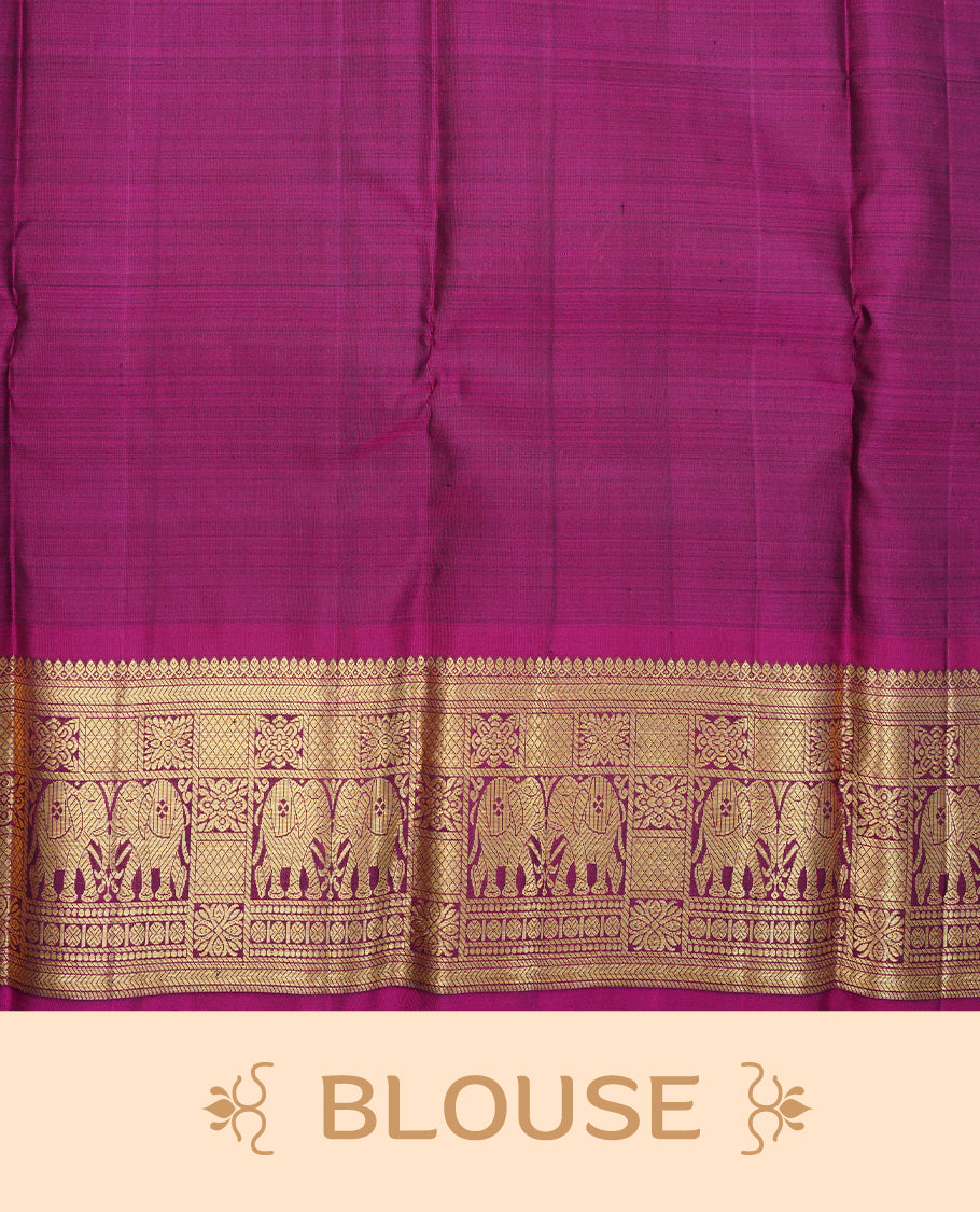 Greenish grey colour traditional kancheepuram silk saree featuring Gold zari check with buttas on body, complemented by contrast magenta colour with matching blouse piece.