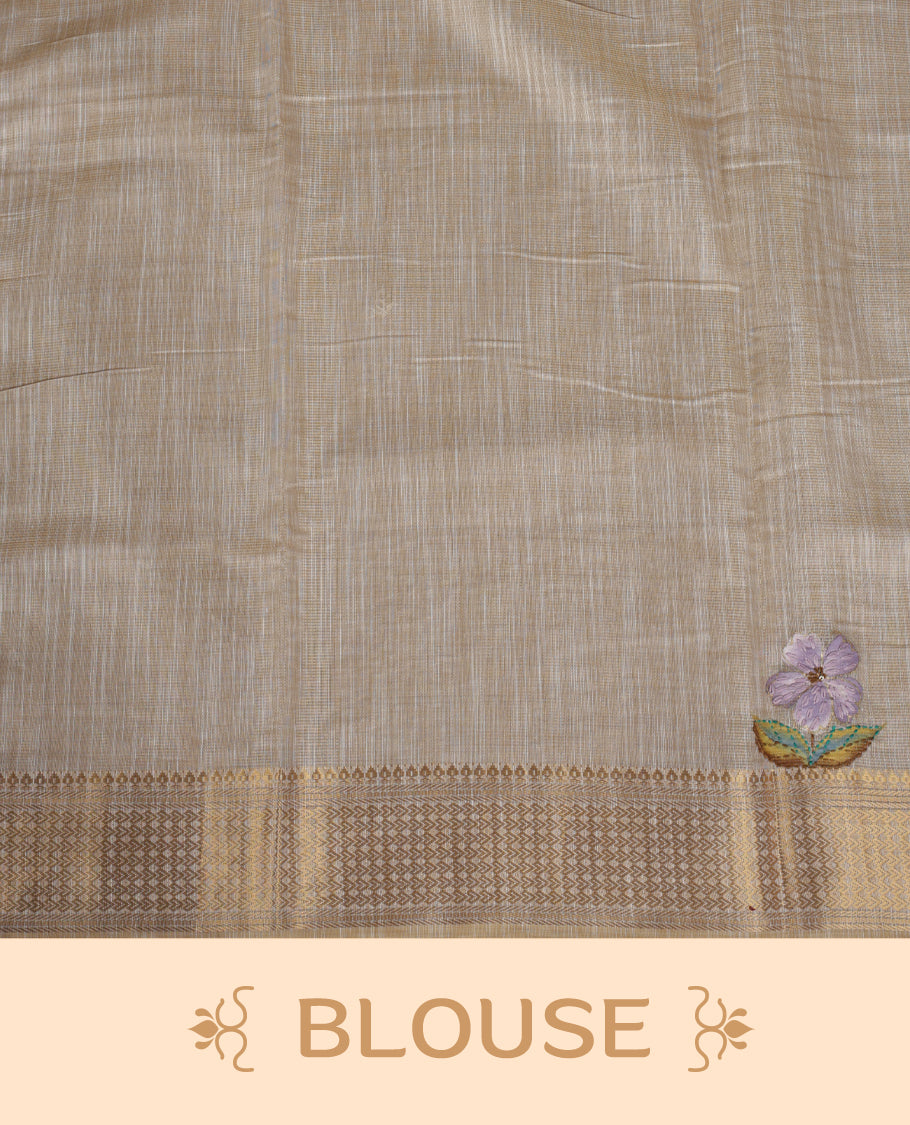 Beige colour Banarasi linen silk saree featuring hand brushed colour with Floral & birds printed pattern on body, gold zari woven geometric design border with self colour pallu and comes with a matching blouse
