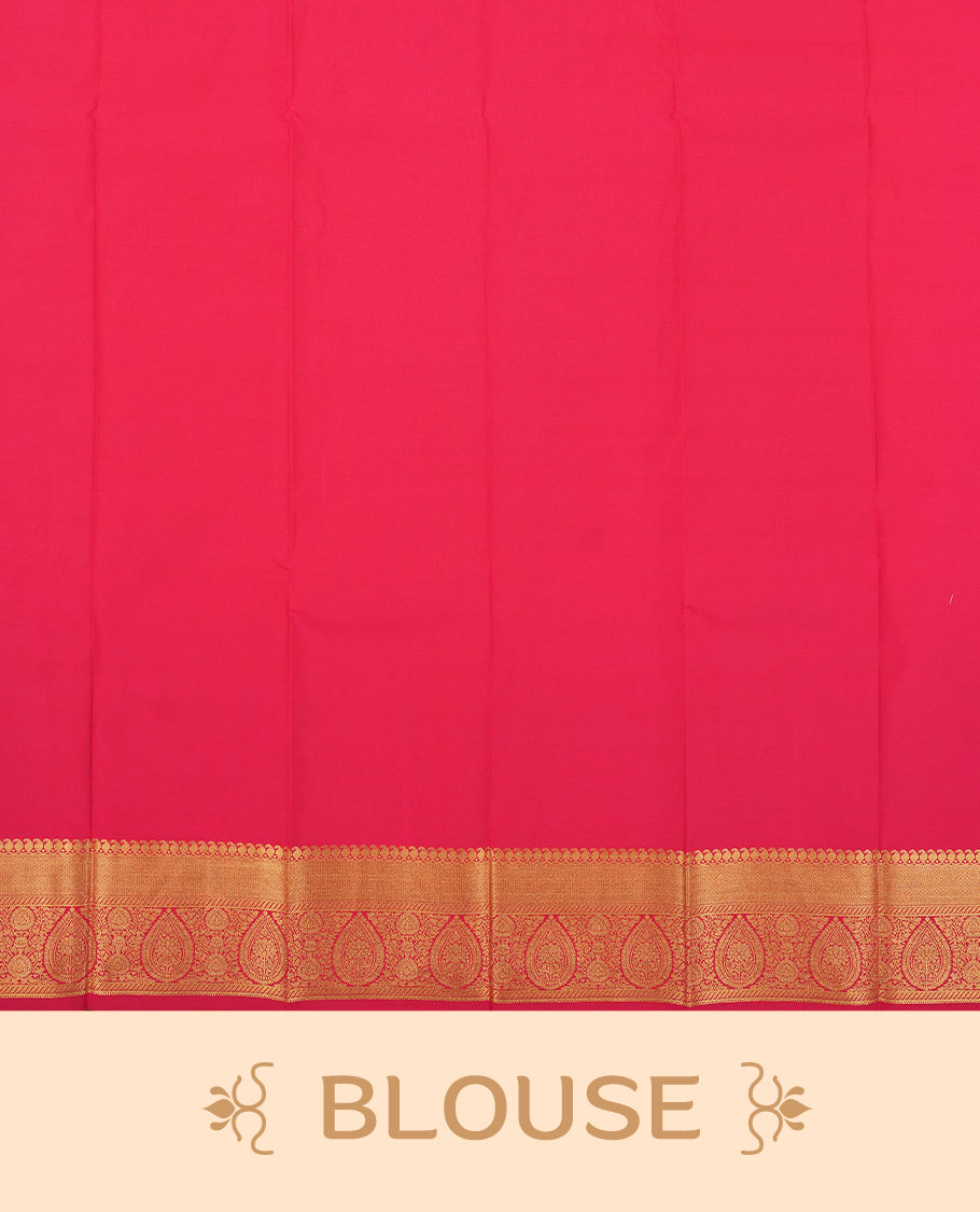 Ivory Semi Silk Saree with gold zari striped body and peacock motifs, complemented by a contrasting rani pink pallu and border in gold zari with traditional motifs, paired with a matching blouse piece