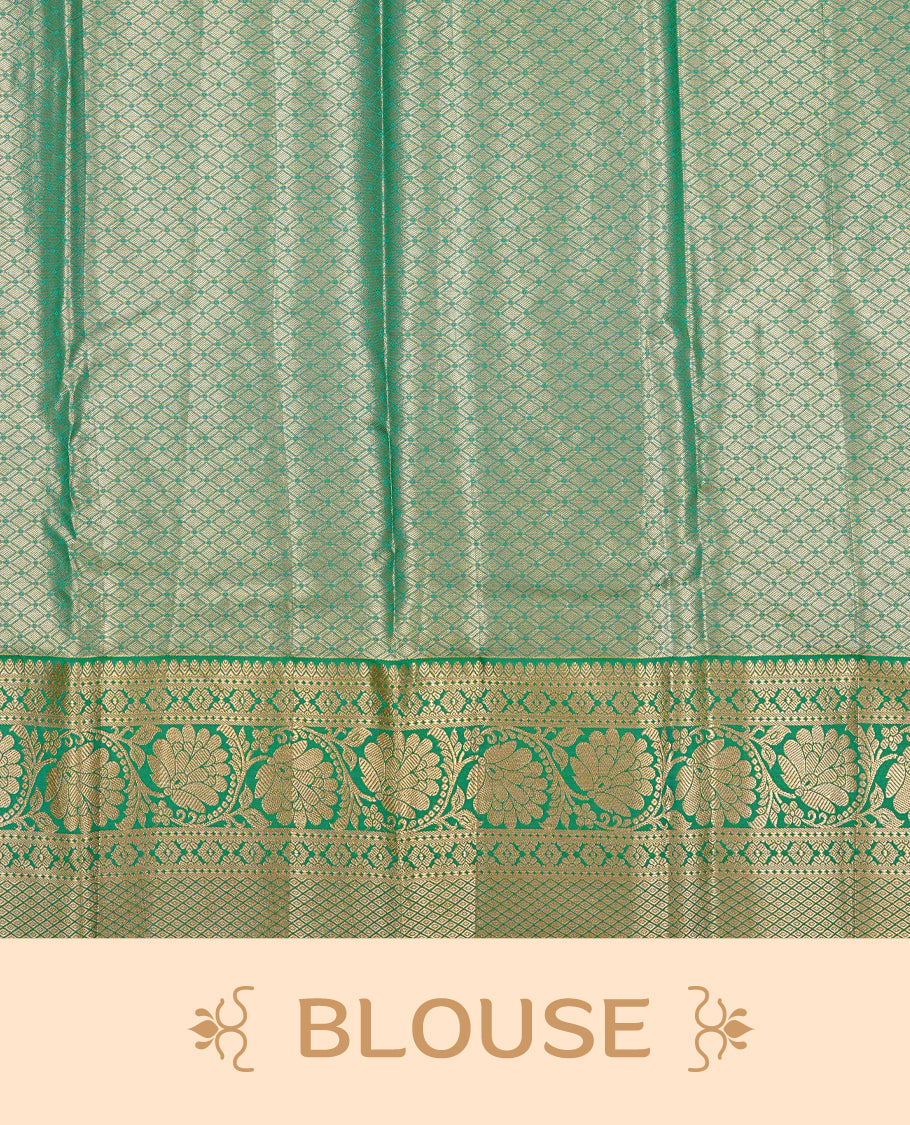 Light blue & Silver colour Double shade Semi tissue silk saree featuring Gold zari Kodi pattern on body, Contrast green colour with traditional border, paired with matching blouse piece.