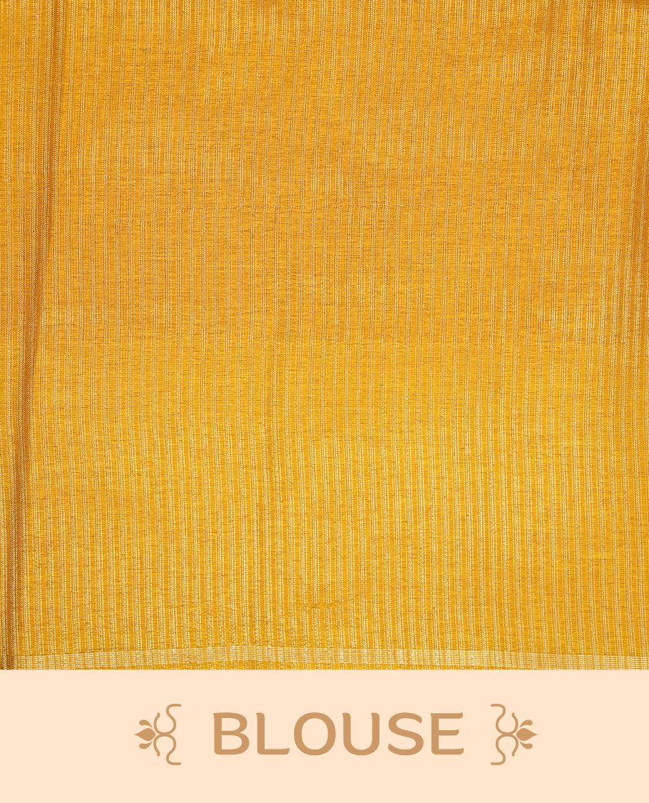 Mustard colour semi tussar silk saree highlights gold and silver zari stripes across body, border, pallu and paired with matching blouse piece.