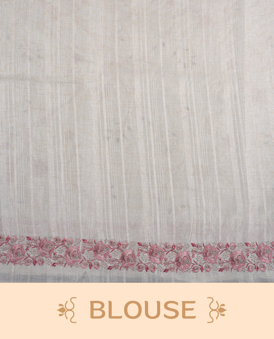 Cream colour semi tusser silk saree featuring with Pink colour thread embroidery kodi pattern all over body, pallu, border and paired with matching blouse piece.