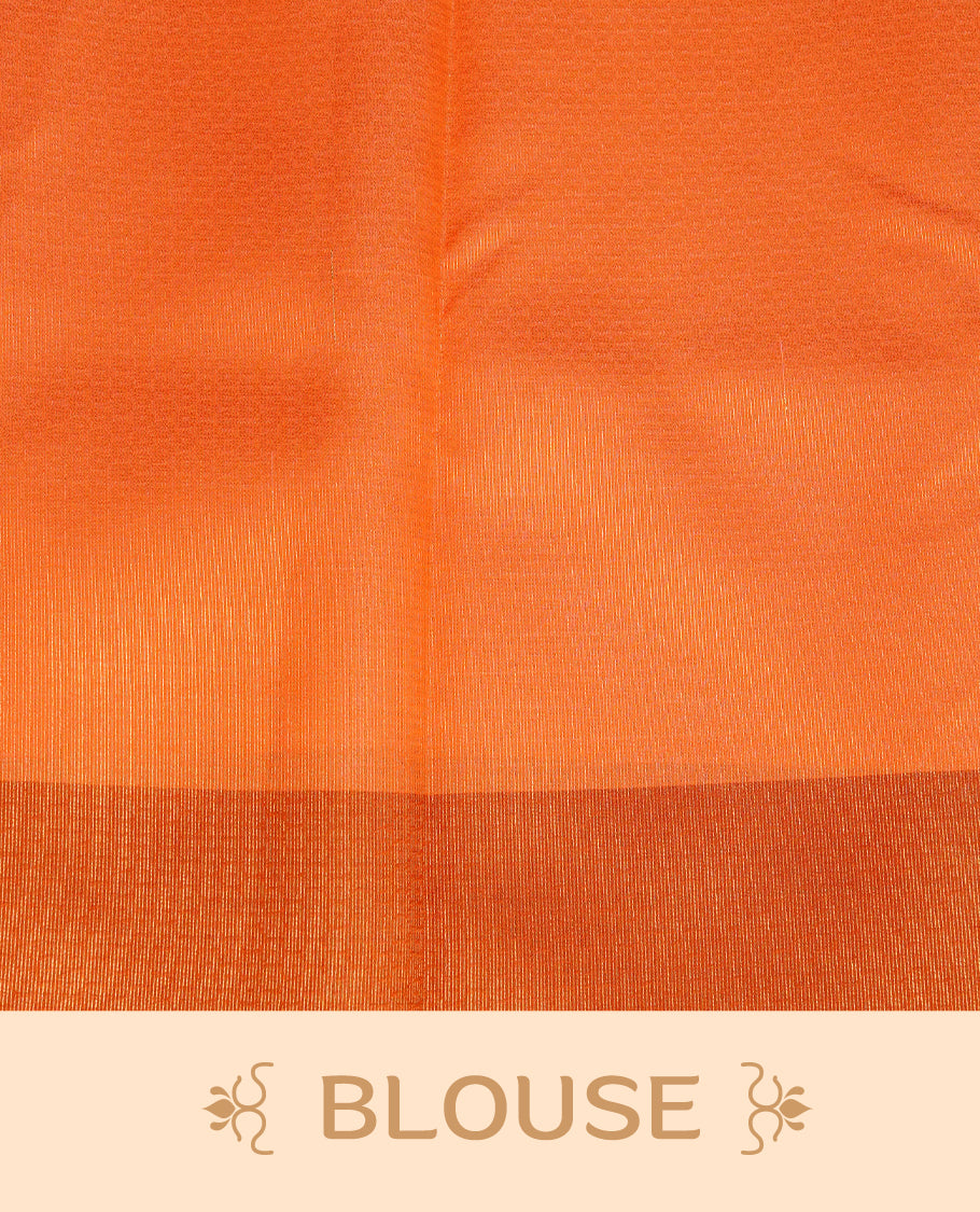 Cream Colour Semi Soft Silk Saree Featuring Gold zari Box With motifs Pattern On Body, Highlighted by contrast Orange border with Gold zari, paired with matching blouse piece.
