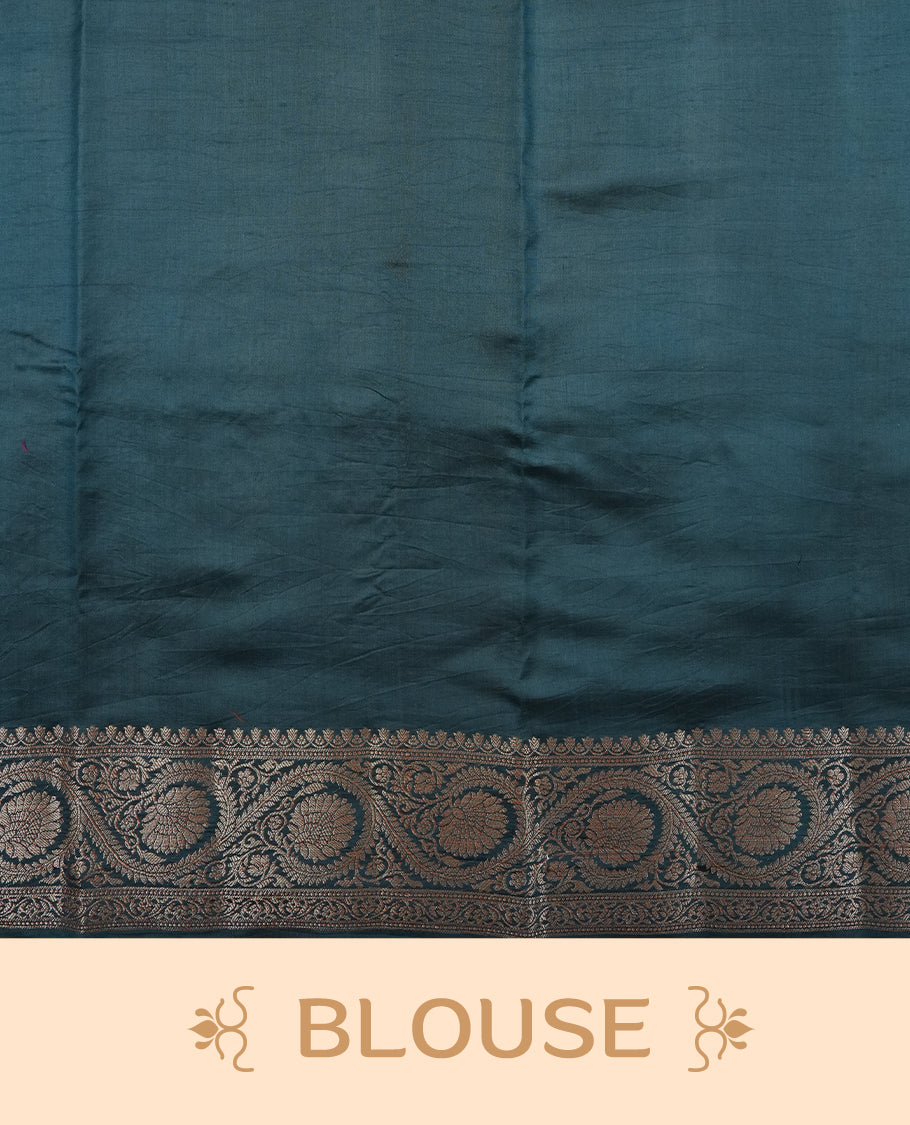 Mustard Colour Pure Banaras soft Silk Saree having gold floral motifs on Body with contrast Teal colour gold Floral kodi pattern on Border and matching Blouse