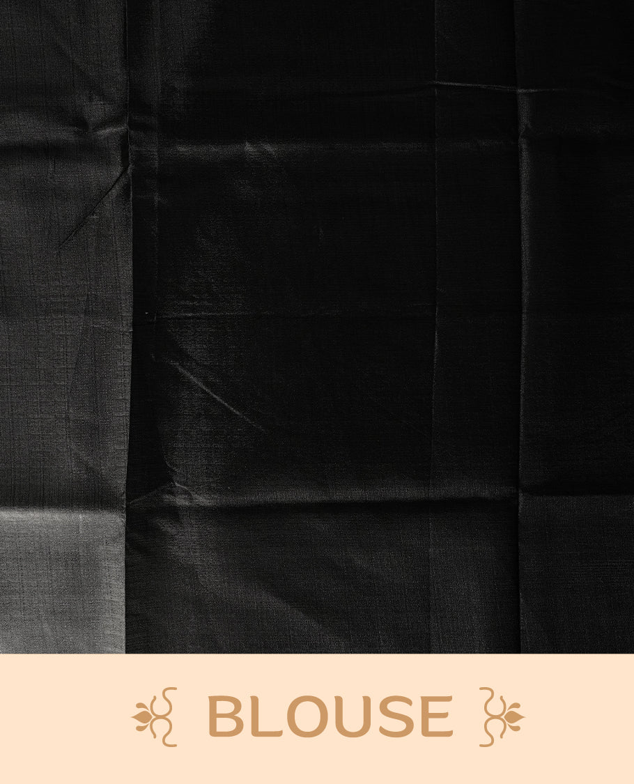 Black colour Semi khadi saree with bold white floral motifs and subtle red accents, exuding timeless elegance and modern charm, paired with a matching blouse.
