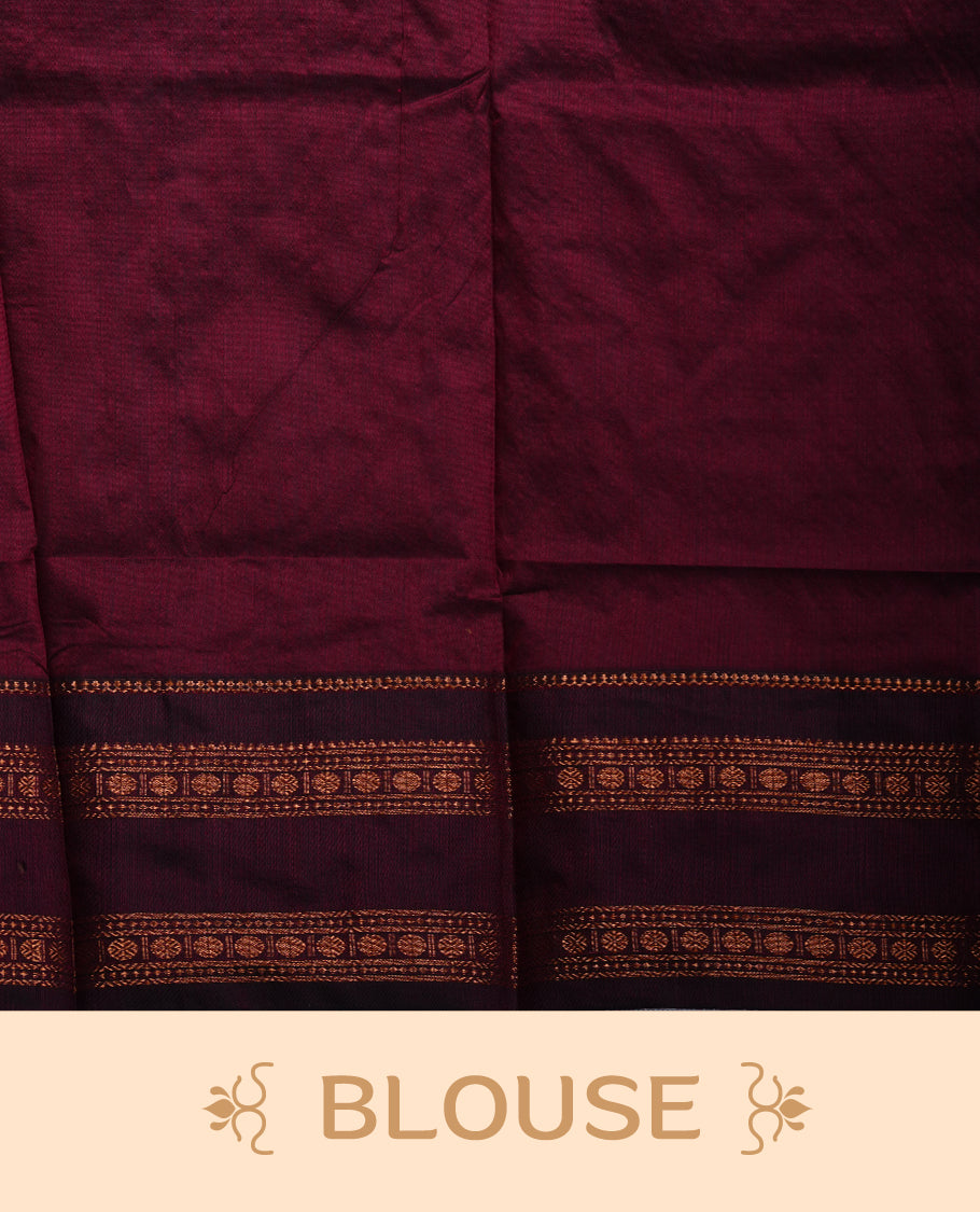 Mustard colour mixed Kalyani cotton saree with subtle zari motifs, maroon zari border and rich traditional pallu, paired with a matching blouse.