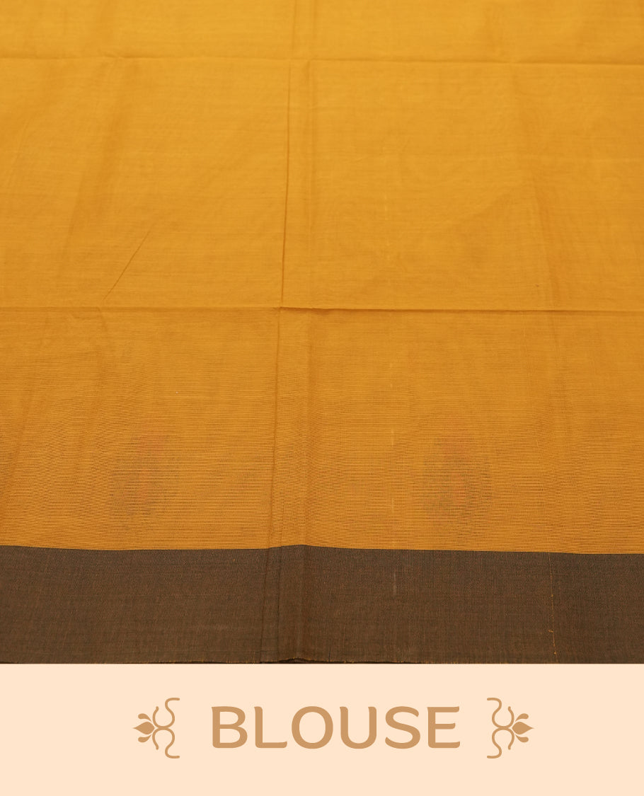 Orange Silk Cotton Saree with Plain Body and Zari Striped Golden Border on Black and Zari Striped Pallu, Paired with Matching Blouse Piece