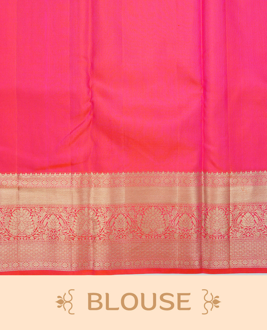 Orange & magenta colour Wedding silk saree featuring gold zari Floral kodi pattern worked body, complemented by Self colour with Traditional border, comes with matching blouse piece.