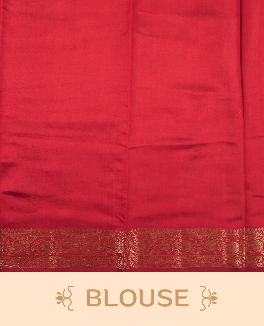 Coral Pink Colour Banaras Soft Silk Saree with Gold Zari Textured Oval Buttas, Simple Decorative Pallu Border, Grand Pallu with Ornate Circular and Foliate Motifs in Red and Gold Tones, and Matching Bright Red Blouse.