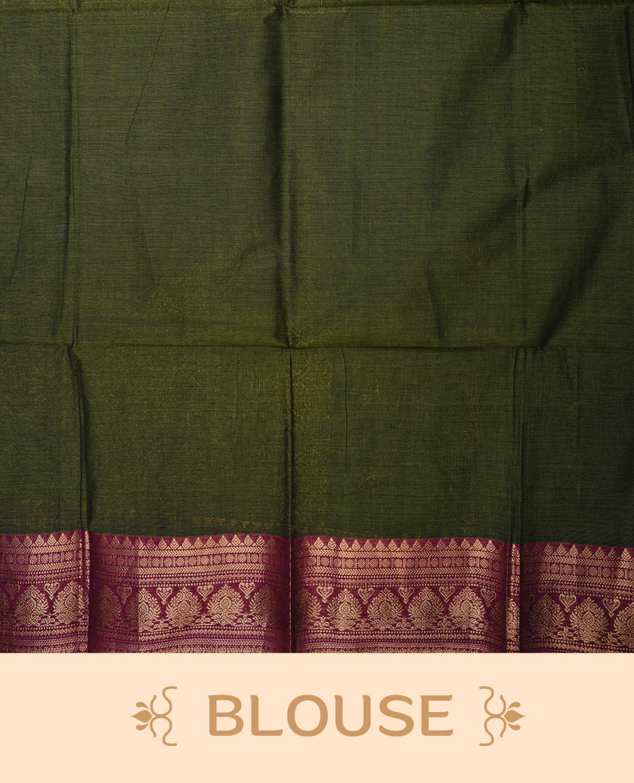 Green colour chettinad cotton saree featurign gold zari stripes pattern with Motifs on body, complemented by contrast Magenta With gold zari border, paired with matching blouse piece.