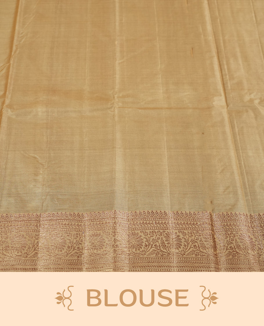 Natural Pine colour pure banarasi tussar Saree with antique design on the body, accentuated with an elegant traditional border, rich woven pallu and matching blouse piece.