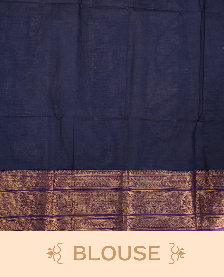 Navy blue colour chettinad saree featuring gold zari stripes on body, complemented by contrast Purple colour with traditional border, paired with matching blouse piece.