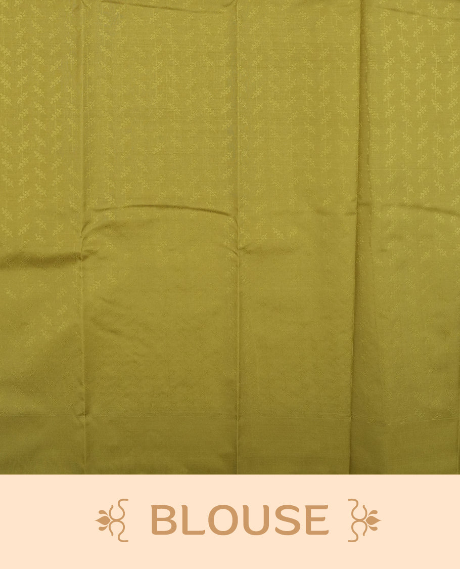 Khaki green colour semi soft silk saree featuring a self coloured textured patterned body, complemented by self coloured plain pallu & border and a matching blouse piece.