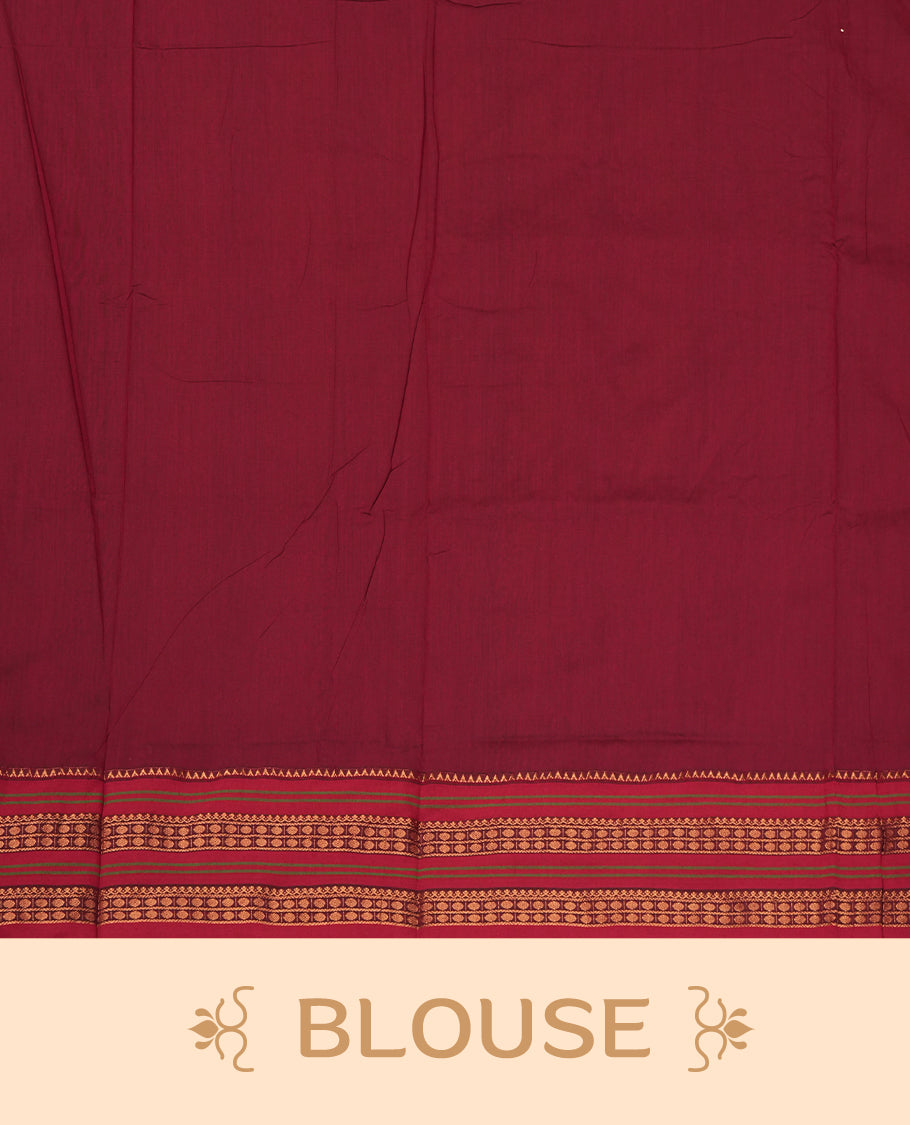 Mustard yellow Kalayani cotton saree with delicate woven motifs on the body, enhanced by a rich maroon contrasted zari border and pallu with traditional patterns, paired with a matching blouse piece.