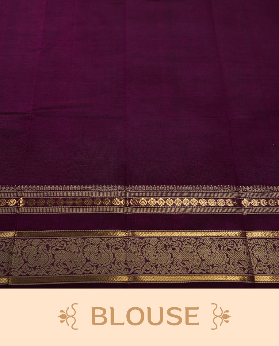 Deep Magenta colour pure Kanchi cotton saree featuring with delicate golden checks on body, paired with a contrasting beige zari woven border & Includes a matching blouse piece for a complete look.