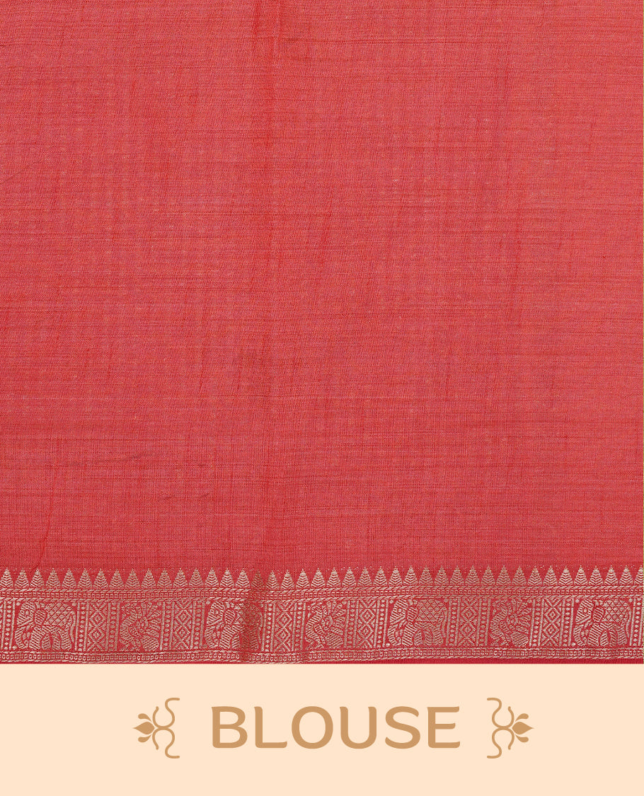 Cream colour Tussar silk saree Featuring Elegant Plain body, complemented by Contrast Red colour with gold zari border, paired with matching blouse piece.