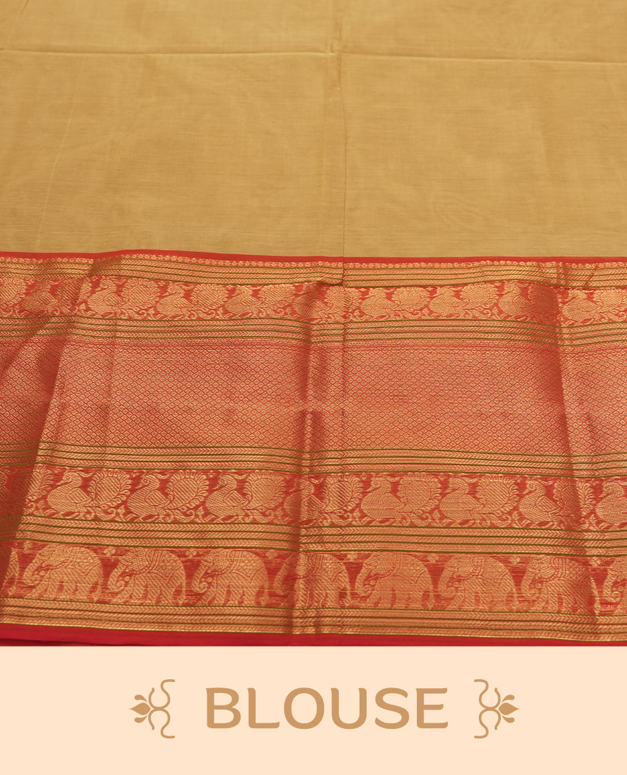 Beige Gold colour Silk Cotton Saree with Contrast Red Zari Border Featuring Elephant and Peacock Motifs, Subtle Allover Body, Richly Patterned Blouse Piece, and Matching Elegant Pallu with Gold Stripes