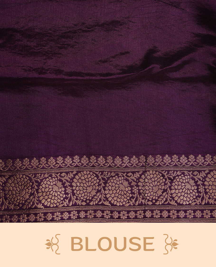 Purple colour banaras crepe saree featuring gold & silver zari design stripes on body, complemented by self colour border, paired with matching blouse piece.