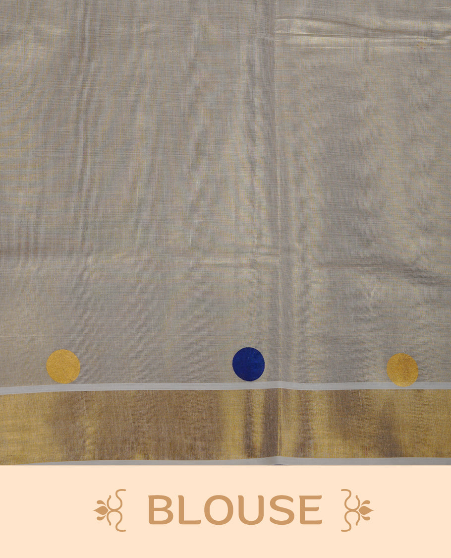 Off-white colour Tissue Kerala saree featuring playful blue and gold polka buttas across the body, finished with a classic gold kasavu border and paired with a matching blouse.