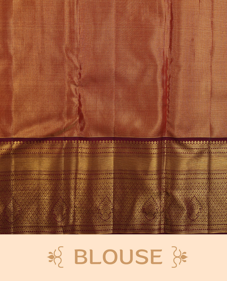 Red & gold double shade colour kancheepuram tissue silk saree highlighting gold zari pattern body, with contrast burgundy colour colour with traditional border and paired with matching blouse.